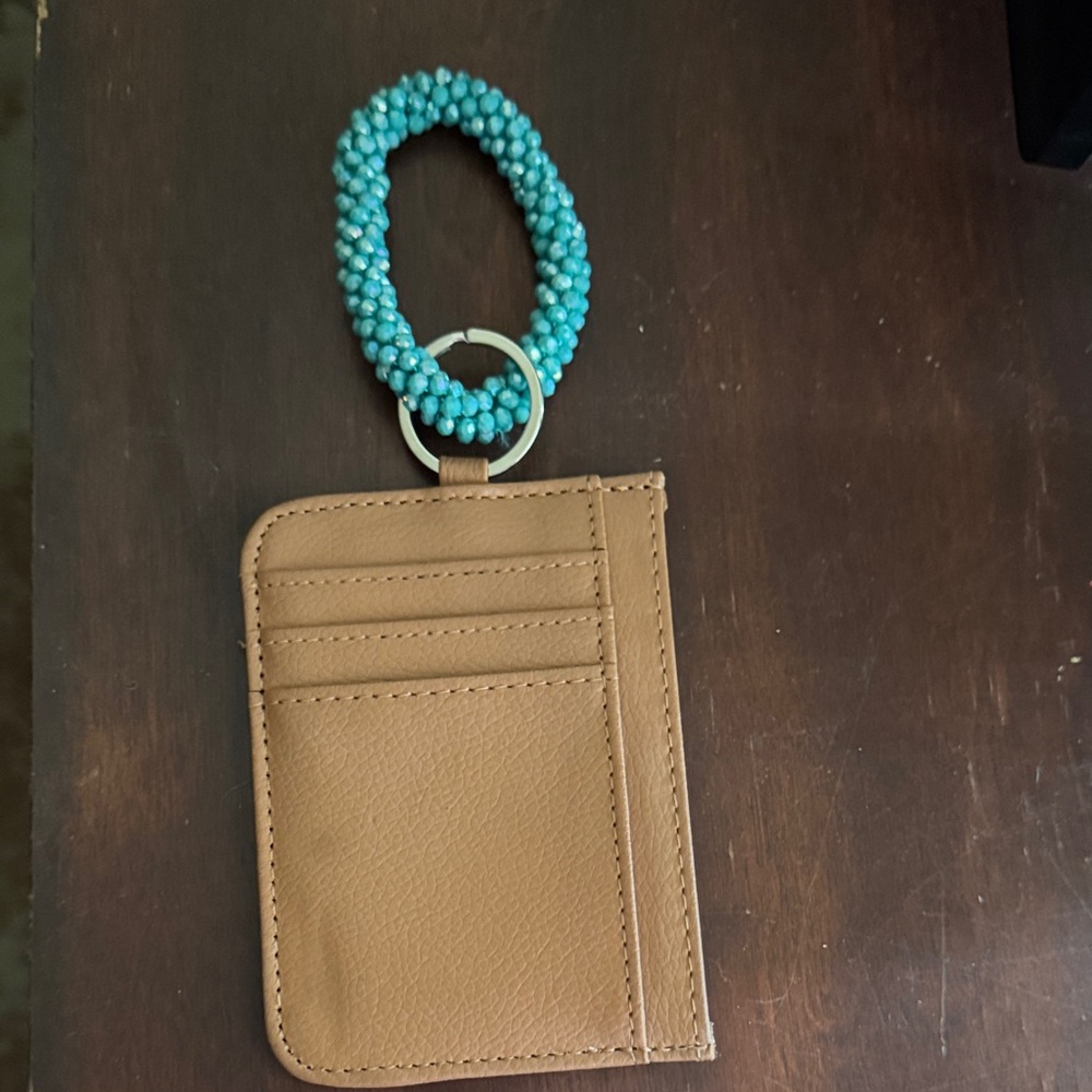 Elegant Tan Card Holder with Turquoise Beaded Keychain